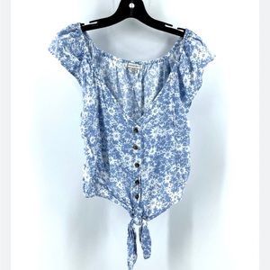 American Eagle blue and white cropped shirt with front tie